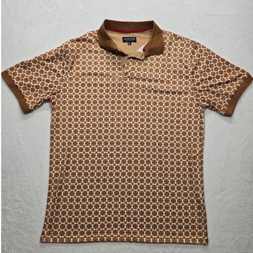 Silver Stone‎ Collection Mens XL Polo Shirt Geometric Medallion Print Brown Tan